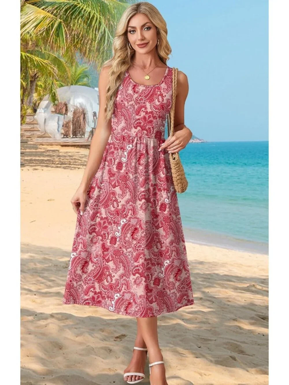 Women's Midi Dresses Red Paisley Print Scoop Neck Sleeveless Summer Casual Soft
